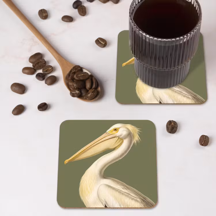 Pelikaan - Wit - Vogel - Klassiek - Natuur onderzetter kurk middel -sfeer2