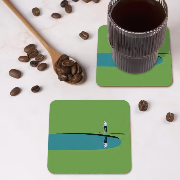Persoon - Golf - Water - Blauw onderzetter kurk middel -sfeer2