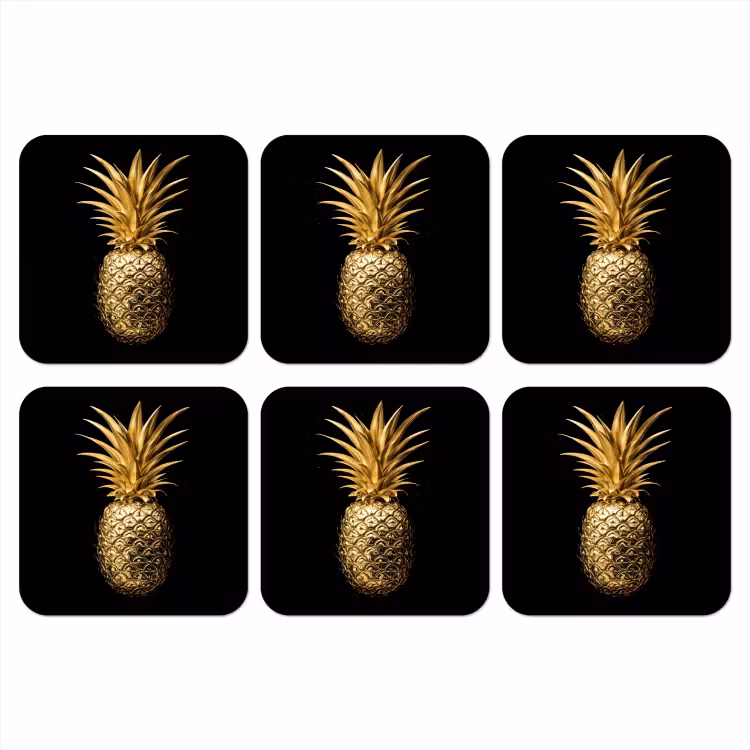 Ananas - Zwart - Goud - Luxe onderzetter kurk middel -3d