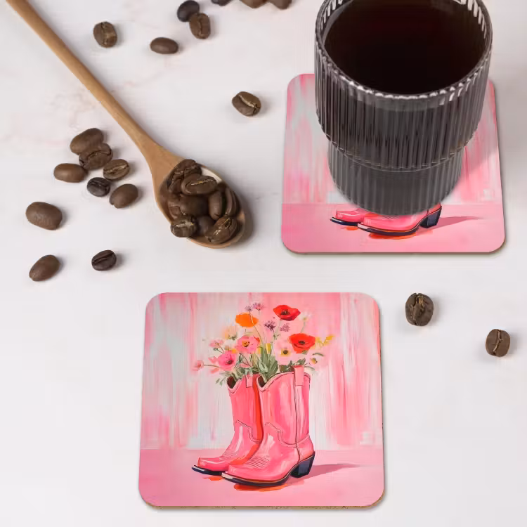 Roze - Bloemen - Cowboy onderzetter kurk middel -sfeer2