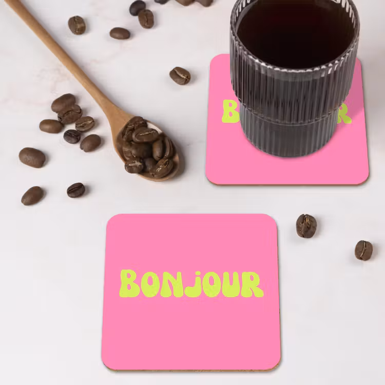 Roze - Groene bonjour - Organisch onderzetter kurk middel -sfeer2