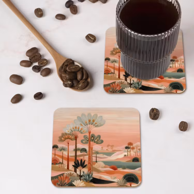 Roze landschap - Palmen - Water onderzetter kurk middel -sfeer2