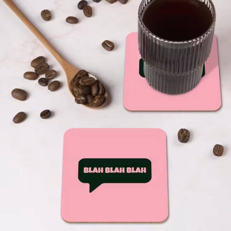 Roze - Tekstwolk - Groen - BLAH BLAH BLAH onderzetter kurk middel -sfeer2