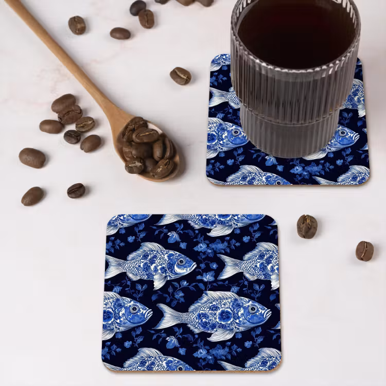 Vissen - Bloemen - Blauw onderzetter kurk middel 366 -sfeer2