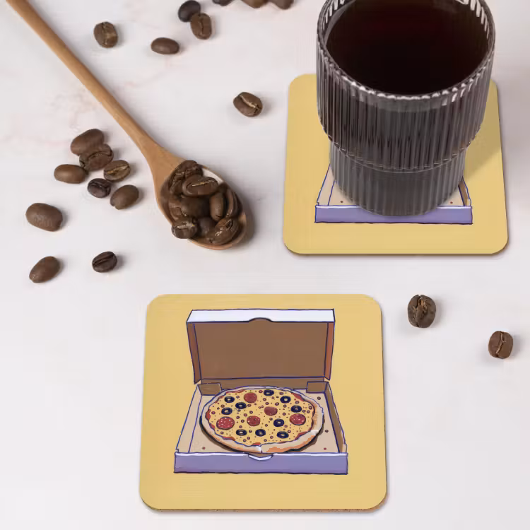 Pizza - Doos - Salami - Illustratie onderzetter kurk middel -sfeer2