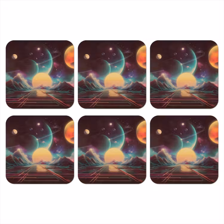 Planeten - Neon - Berglandschap - Zon onderzetter kurk middel -3d