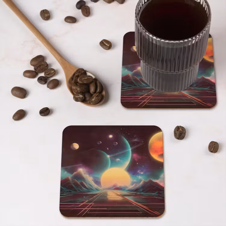 Planeten - Neon - Berglandschap - Zon onderzetter kurk middel -sfeer2
