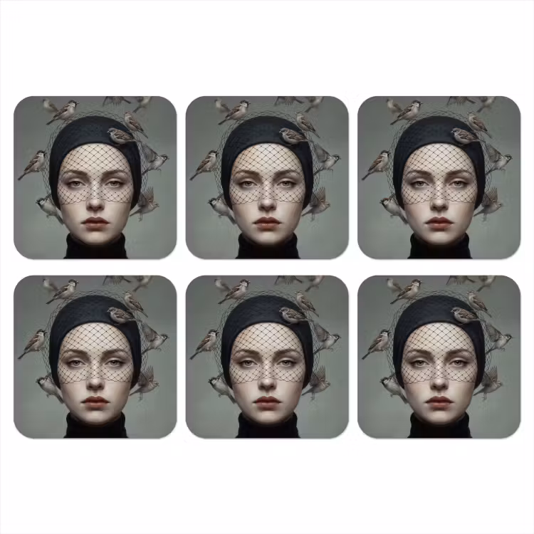 Portret - Vogels - Zwart onderzetter kurk middel -3d