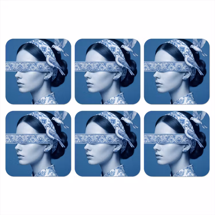 Portret - Klassiek - Wit - Blauw onderzetter kurk middel -3d