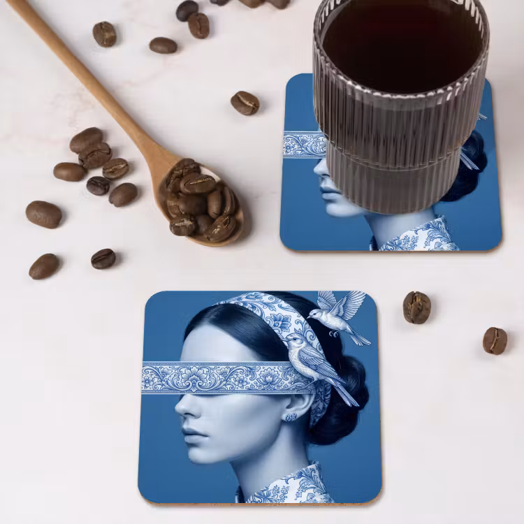 Portret - Klassiek - Wit - Blauw onderzetter kurk middel -sfeer2