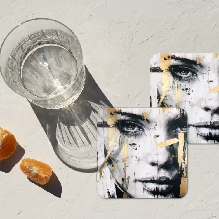 Portret - Vrouw - Penseelstreken - Goud onderzetter kurk middel -sfeer4