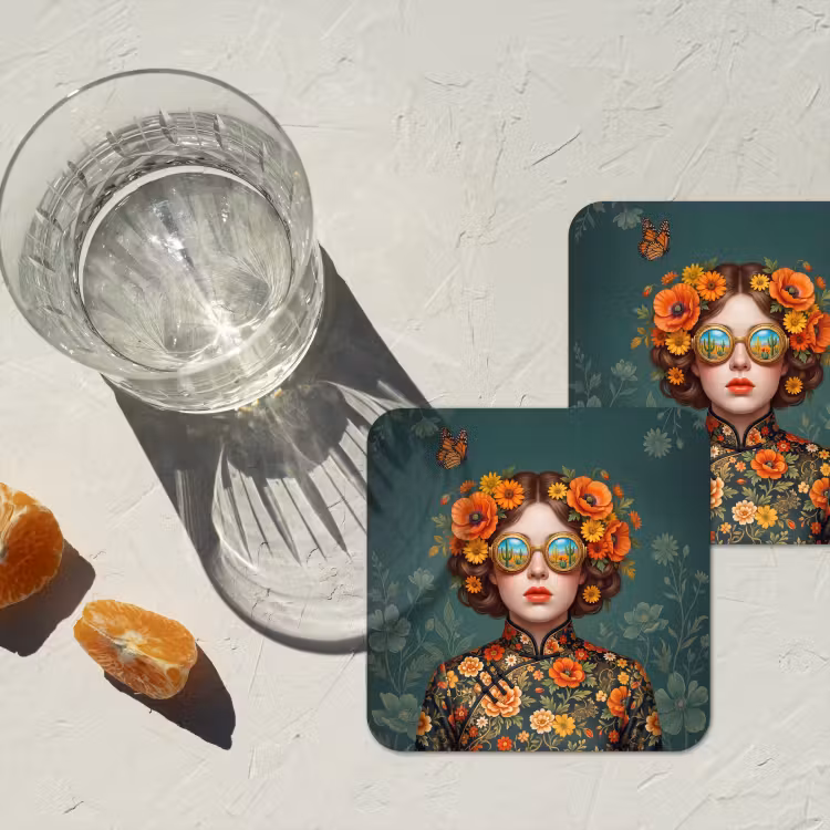 Portret - Vrouw - Kleurrijk - Expressief onderzetter kurk middel -sfeer4