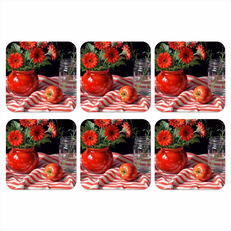 Coaster - Red Flowers - Vase - Rode bloemen - Vaas onderzetter kurk middel