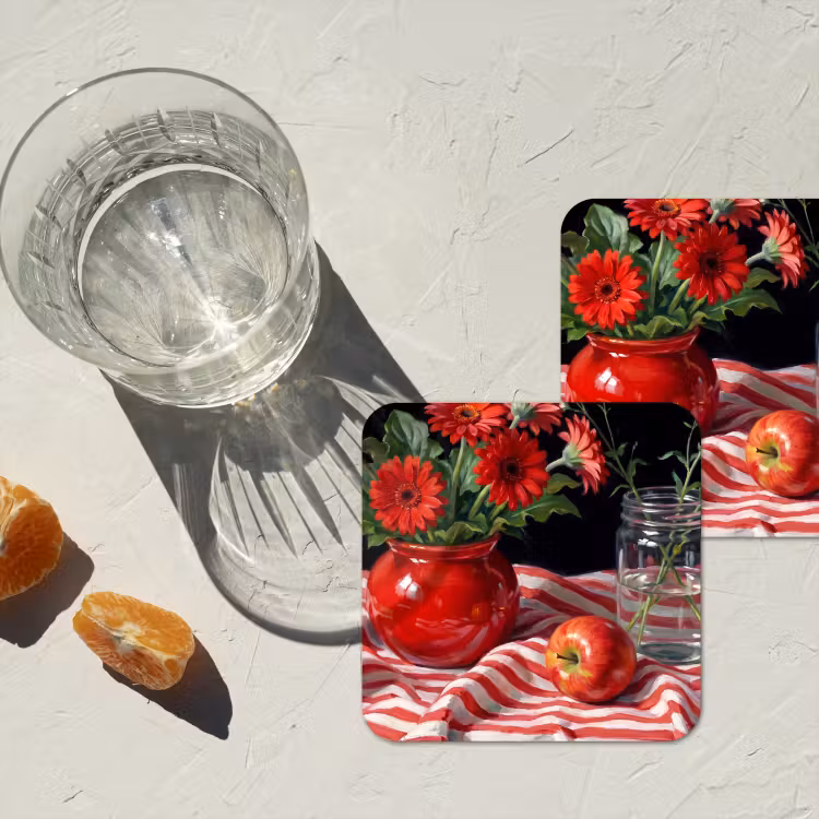 Coaster - Red Flowers - Vase - Rode bloemen - Vaas onderzetter kurk middel