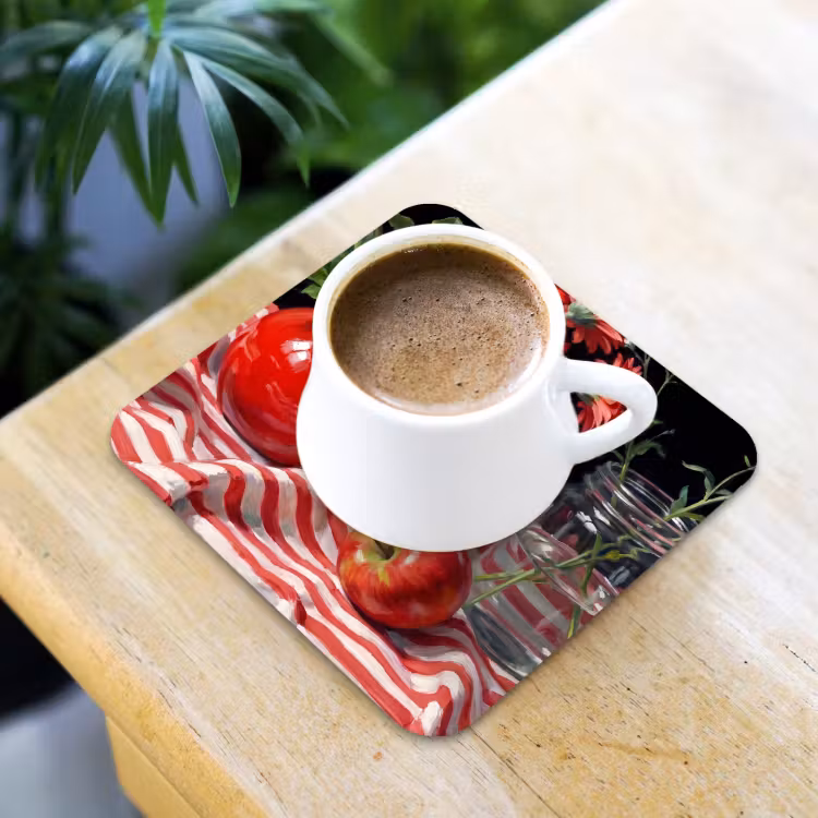 Coaster - Red Flowers - Vase - Rode bloemen - Vaas onderzetter kurk middel