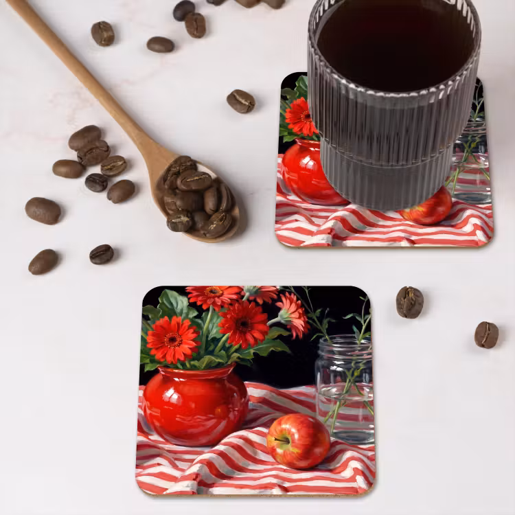 Coaster - Red Flowers - Vase - Rode bloemen - Vaas onderzetter kurk middel