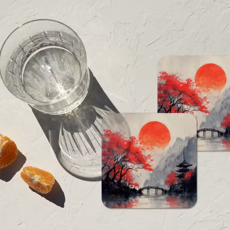 Rode zon - Rivier - brug - Bomen onderzetter kurk middel -sfeer4