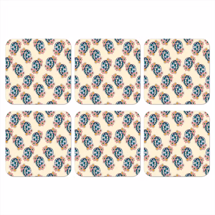 Retro - Disco - Bloemen - Discobal onderzetter kurk middel 366 -3d
