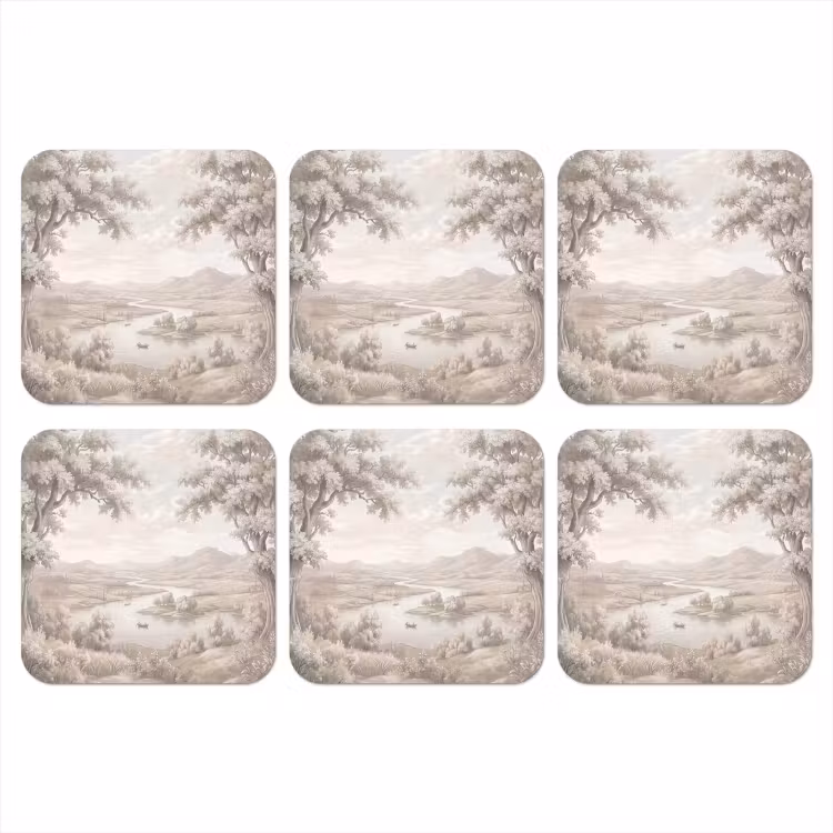Rivierlandschap - Bergen - Natuur - Vintage - Beige onderzetter kurk middel -3d