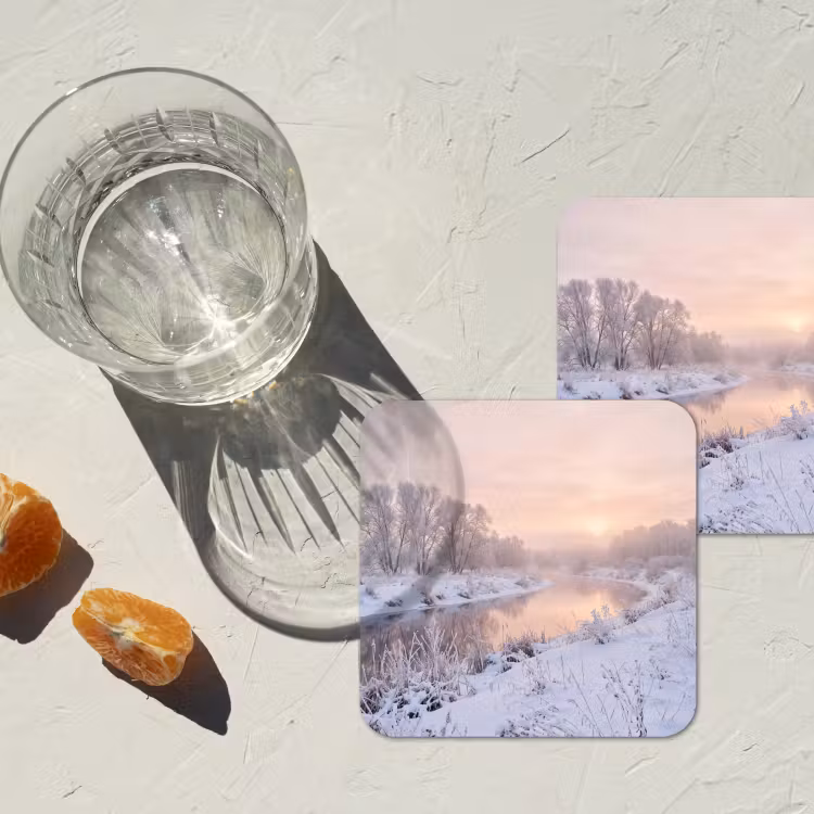Rivier - Winter - Landschap - Sneeuw - Zonsopgang onderzetter kurk middel -sfeer4