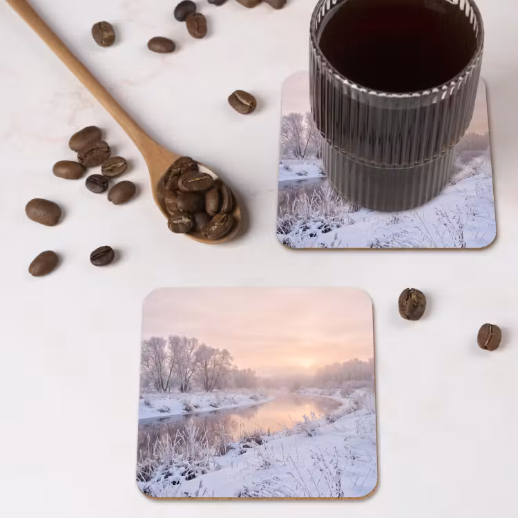 Rivier - Winter - Landschap - Sneeuw - Zonsopgang onderzetter kurk middel -sfeer2