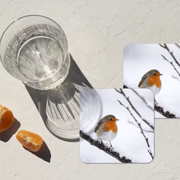 Roodborstje - Tak - Sneeuw - Winter - Levendig onderzetter kurk middel -sfeer4