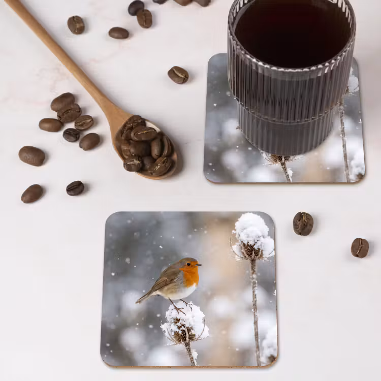 Roodborstje - Gedroogde bloem - Sneeuw - Winter - Vertederend onderzetter kurk middel -sfeer2