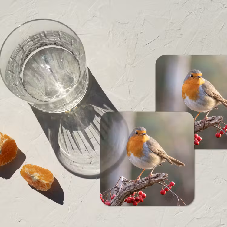 Roodborst - Tak - Bessen - Natuur onderzetter kurk middel -sfeer4