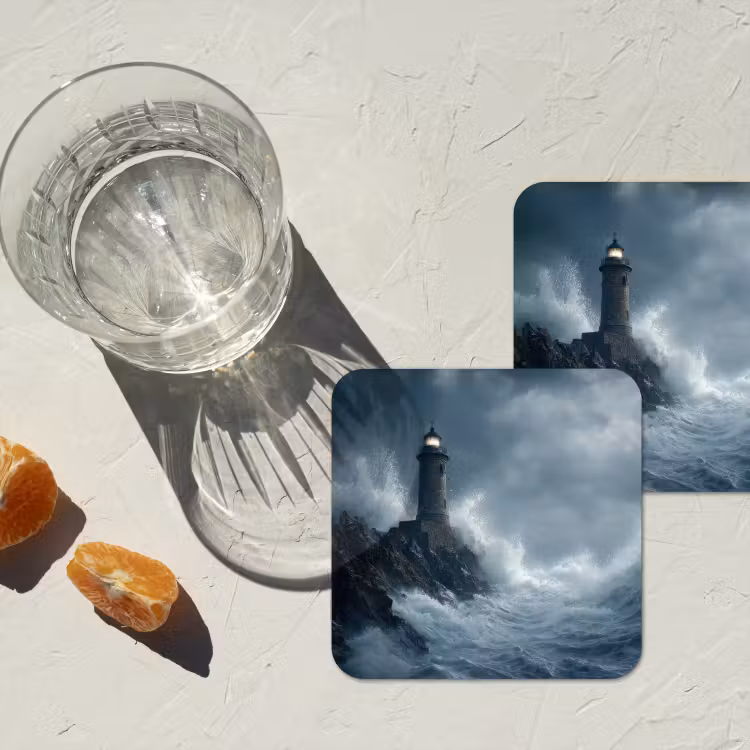 Rotsen - Vuurtoren - Golven - Klliffen onderzetter kurk middel -sfeer4