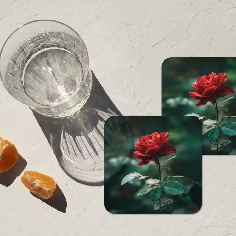 Roos - Bladeren - Dieprood onderzetter kurk middel -sfeer4