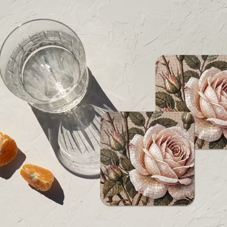 Roos - Mozaïek - Bloemen - Klassiek - Beige onderzetter kurk middel -sfeer4