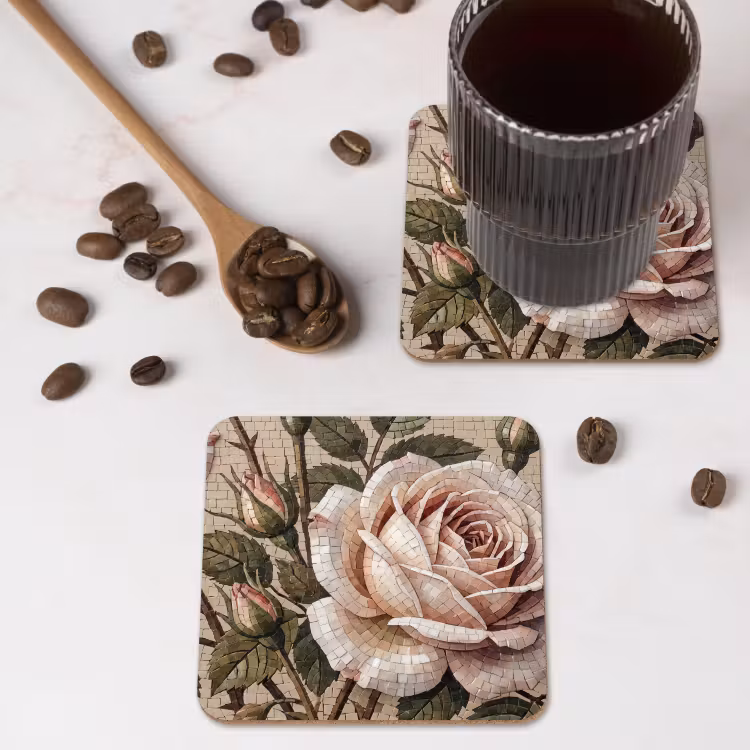 Roos - Mozaïek - Bloemen - Klassiek - Beige onderzetter kurk middel -sfeer2