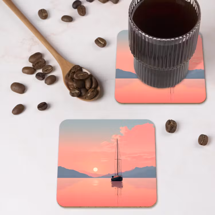 Zeilboot - Roze zee - Zonsondergang - Bergen onderzetter kurk middel -sfeer2
