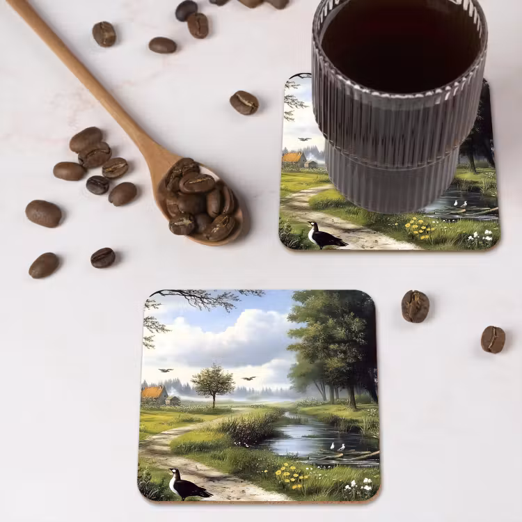 Zandpad - Groen landschap - Water onderzetter kurk middel -sfeer2