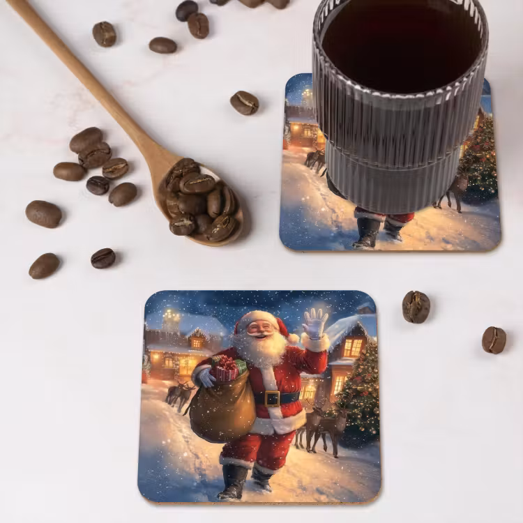 Kerstman - Dorp - Hert - Donker onderzetter kurk middel -sfeer2