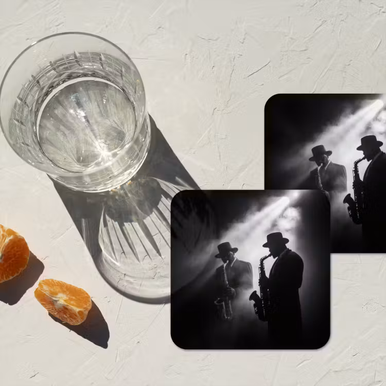 Saxofonisten - Hoeden - Rook - Licht onderzetter kurk middel -sfeer4