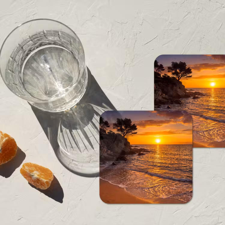 Zee - Kust - Zonsondergang - Natuur - Oranje onderzetter kurk middel -sfeer4