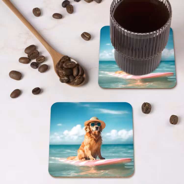 Zeewater - Hond - Golden retriever - Zonnebril onderzetter kurk middel -sfeer2