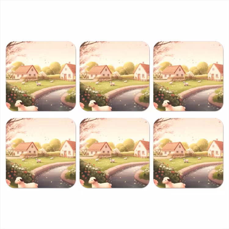 Schapen - Huisje - Platteland onderzetter kurk middel -3d