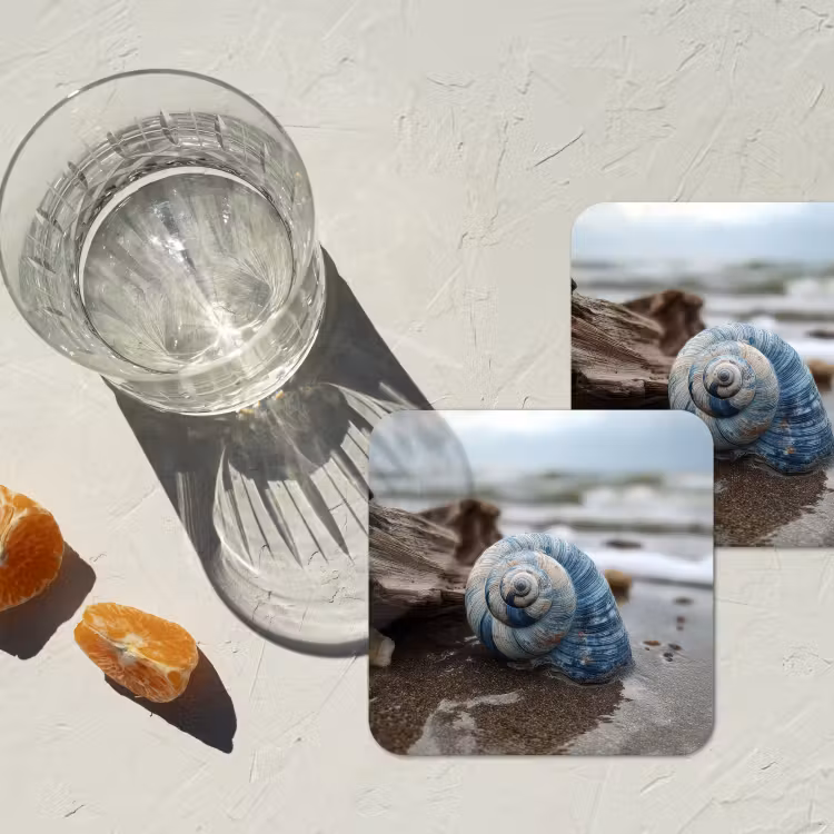 Schelp - Strand - Blauw - Zee onderzetter kurk middel -sfeer4