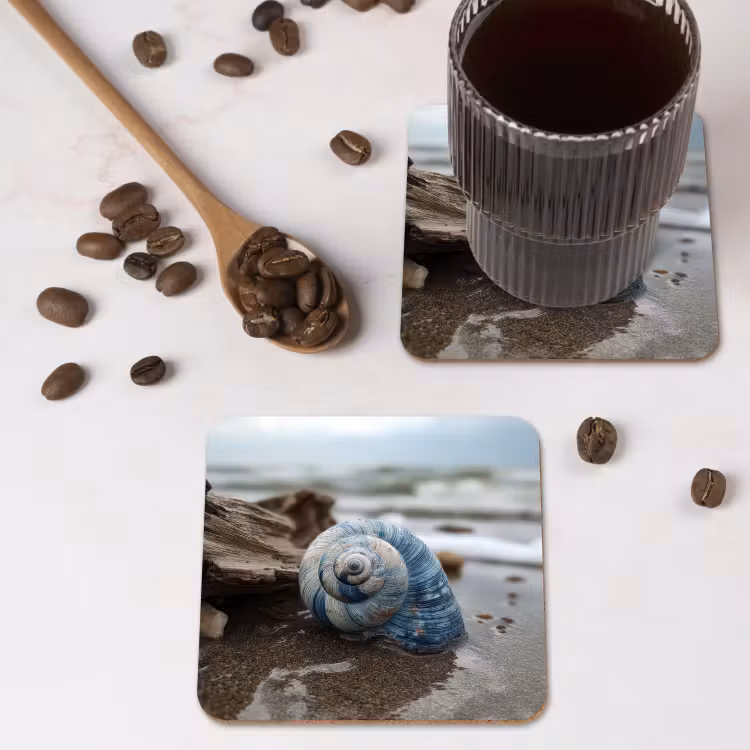 Schelp - Strand - Blauw - Zee onderzetter kurk middel -sfeer2