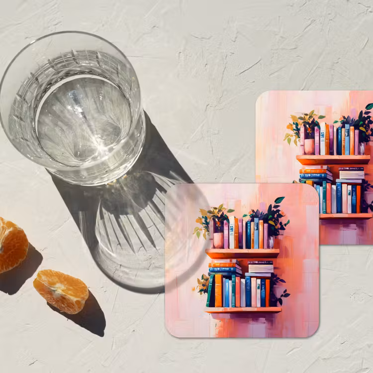 Planken - Boeken - Bladeren onderzetter kurk middel -sfeer4