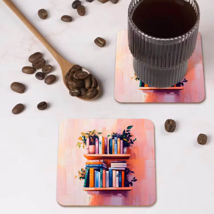 Planken - Boeken - Bladeren onderzetter kurk middel -sfeer2