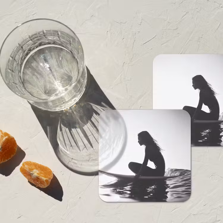 Silhouet - Vrouw - Surfplank - Water onderzetter kurk middel -sfeer4