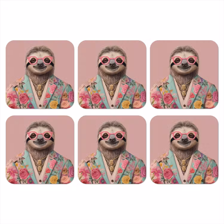 Luiaard - Bloemenprint - Bril - Roze onderzetter kurk middel -3d