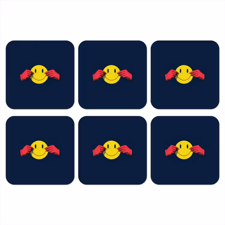 Smiley - Geel - Handen - Minimalistisch onderzetter kurk middel -3d