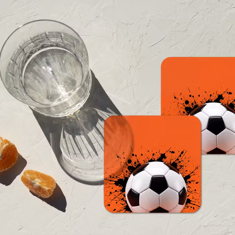 Voetbal - Verf - Sport - Oranje onderzetter kurk middel -sfeer4