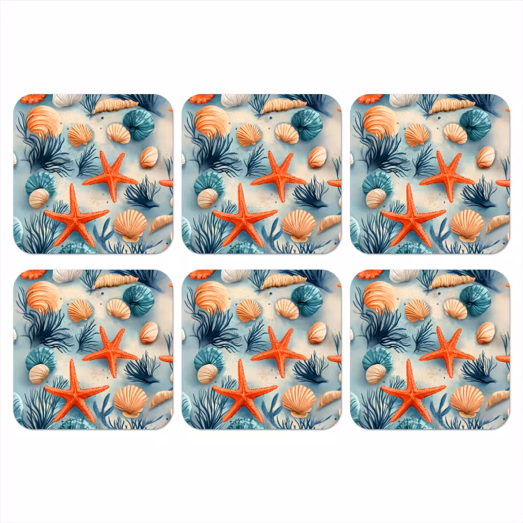 Zeesterren - Schelpen - Illustratie - Zand onderzetter kurk middel -3d