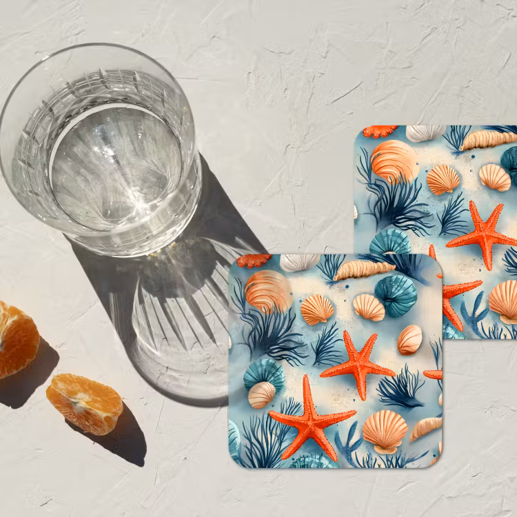 Zeesterren - Schelpen - Illustratie - Zand onderzetter kurk middel -sfeer4