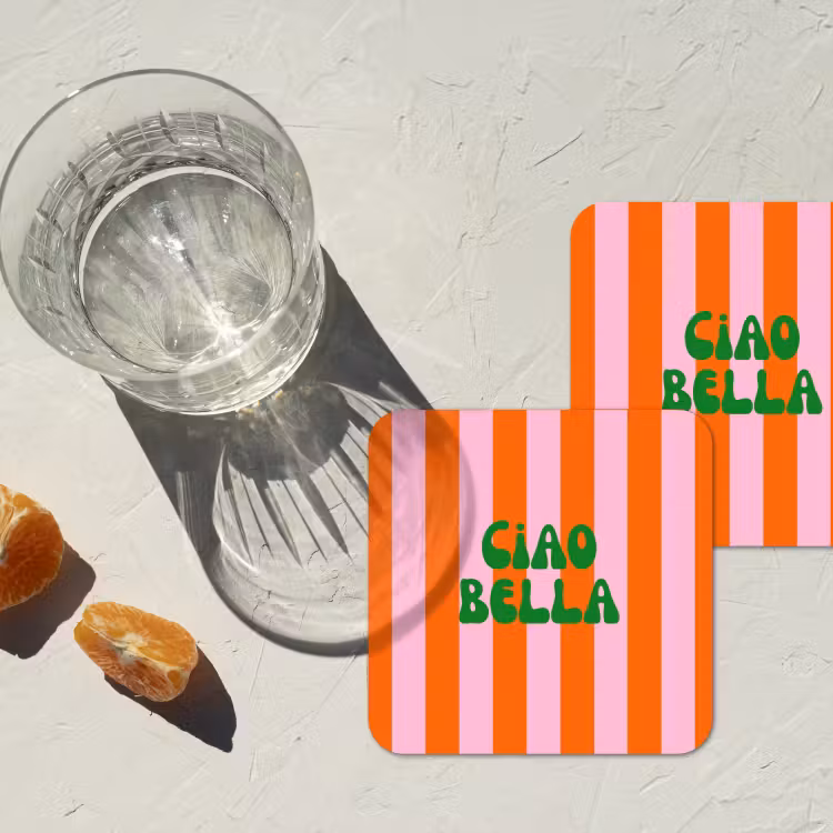 Strepen - Oranje - Verticaal - Ciao bella onderzetter kurk middel -sfeer4